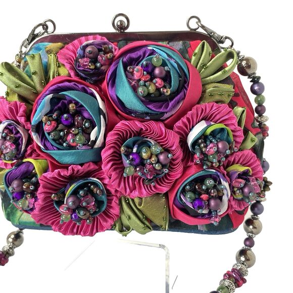 Mary Frances Multi 3D Roses Beaded Flower Kisslock Clutch Bag Beaded Strap RARE - Picture 4 of 16